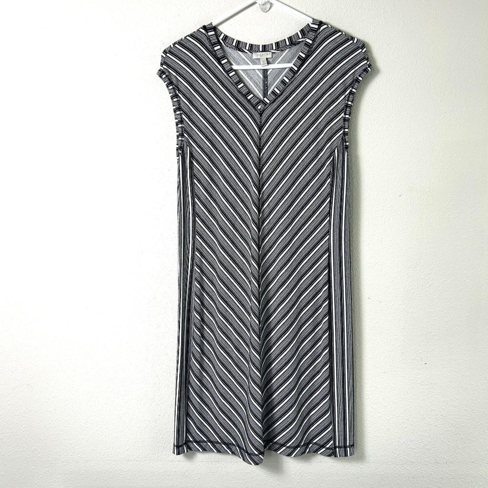 Talbots Dress Womens Size Petite M MP Black‎ White Chevron Stretch V Neck Casual